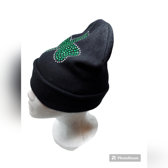 Black Knit Hat with Rhinestone Shamrock - Picture 8 of 8